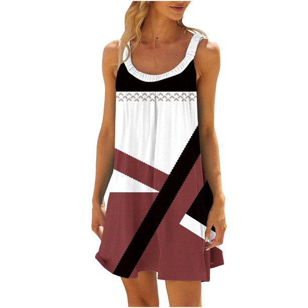 Vestido de Verano para las Mujeres Impreso sin Mangas Cuello Redondo, Suelto de Rodilla de Longitud Vestido Casual para la Primavera
