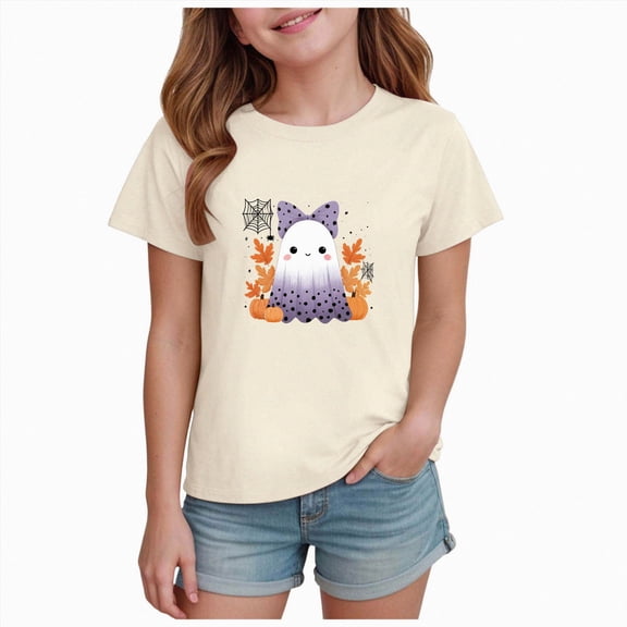 Xyant Girls Halloween Shirts Short Sleeve T-Shirt for Kids Toddler Pumpkin/Ghost Graphic Spooky Boo Tees Top Halloween Tshirts Girls,Size 2-14 Years