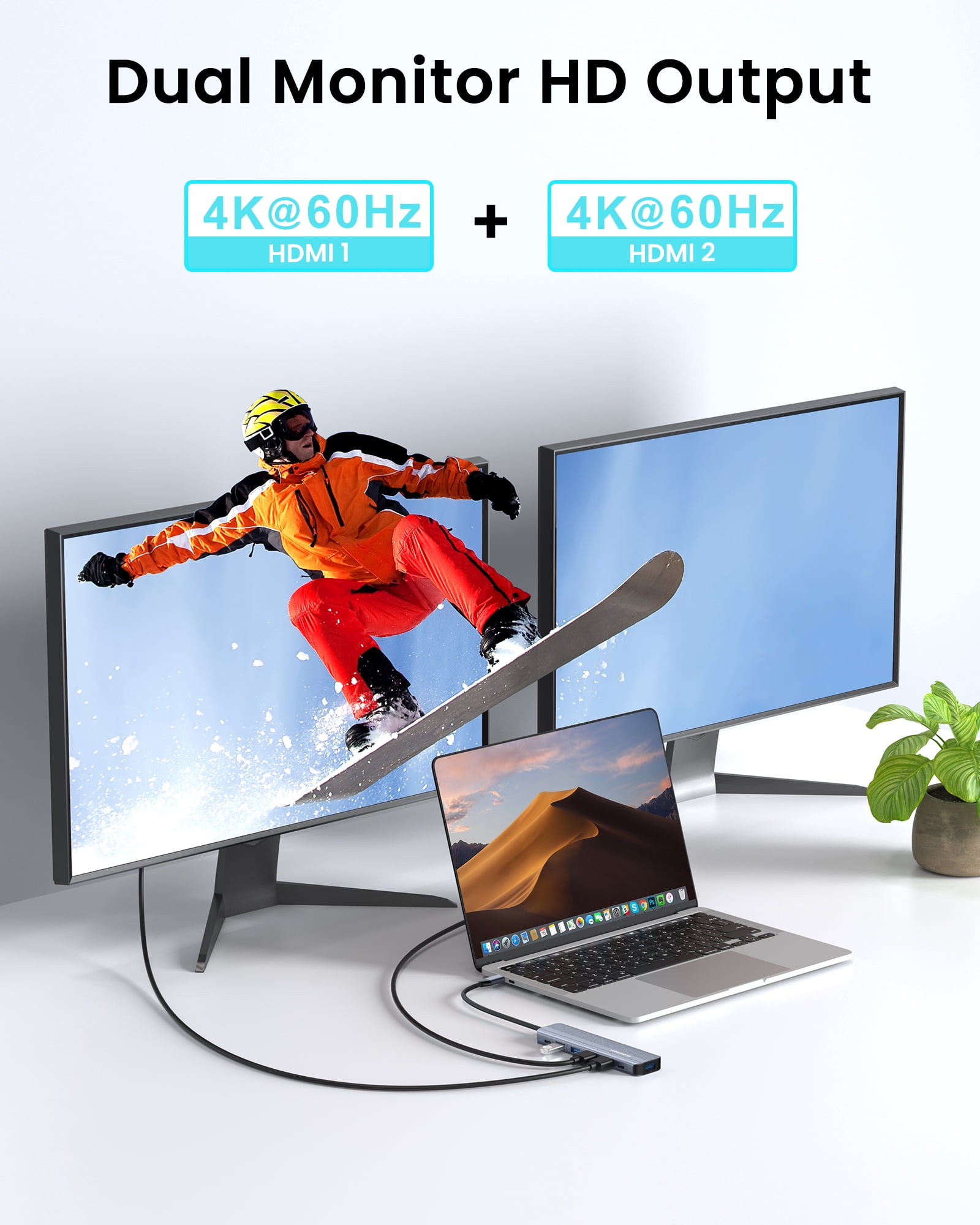 USB C Hub Docking Station Dual Monitor for MacBook Air/Pro Laptop, Multi Monitor Dock Adapter Multiport Dongle with 2 HDMI 4K 60Hz, 100W PD Charging, 3xUSB-A 3.0 & USB-C Data Port (5Gbps)