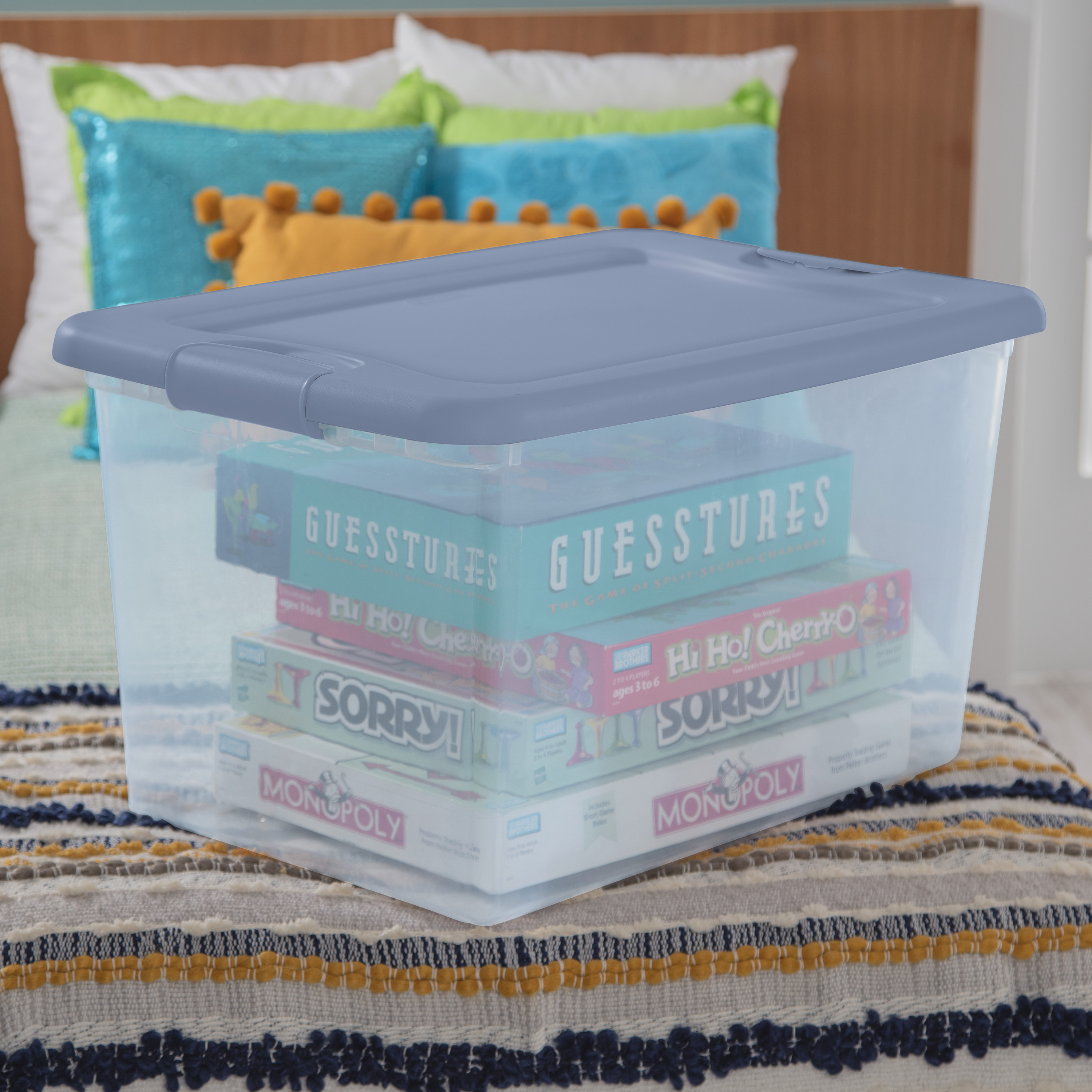 (2 pack) Sterilite Latching Storage Bin, 64 Quart Clear Plastic Storage Container with Latch Lid, Blue Tint, 6 Pack
