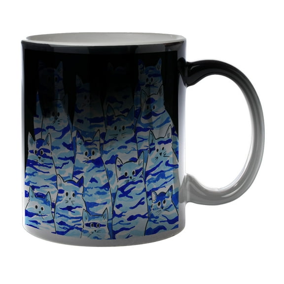 KuzmarK Black Heat Morph Color Changing Coffee Cup Mug 11 Ounce - Blue Camo Camouflage Kitties Abstract Cat Art by Denise Every