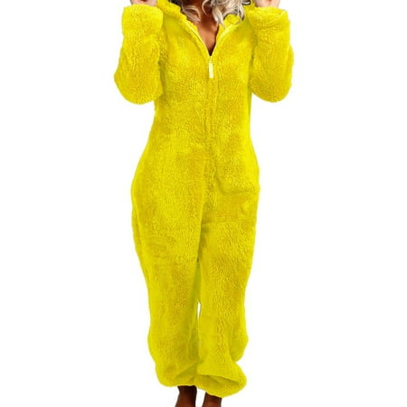 

Gureui Women Fleece One Piece Zipper Hooded Jumpsuit Loose Long Sleeve Thick Plush Sleepwear Romper Pajamas Playsuit with Bear Ear Hat