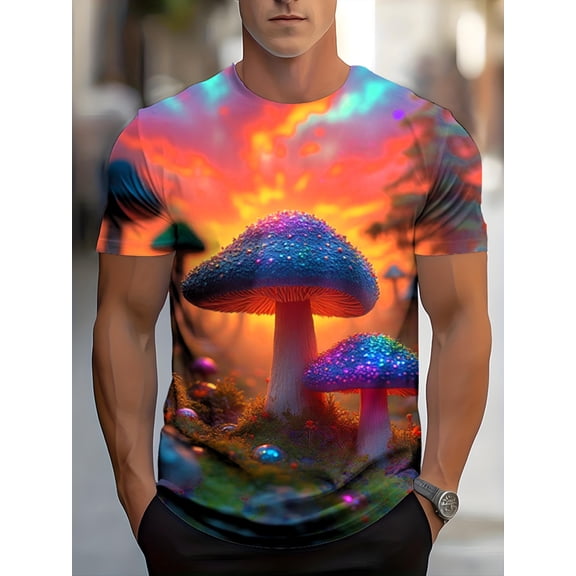 Men's Luminous Mushroom Forest T-Shirt- Printed Short Sleeves, Lightweight Polyester Fabric,Glow-in-the-dark Design, Casual Streetwear, Suitable for All Seasons,