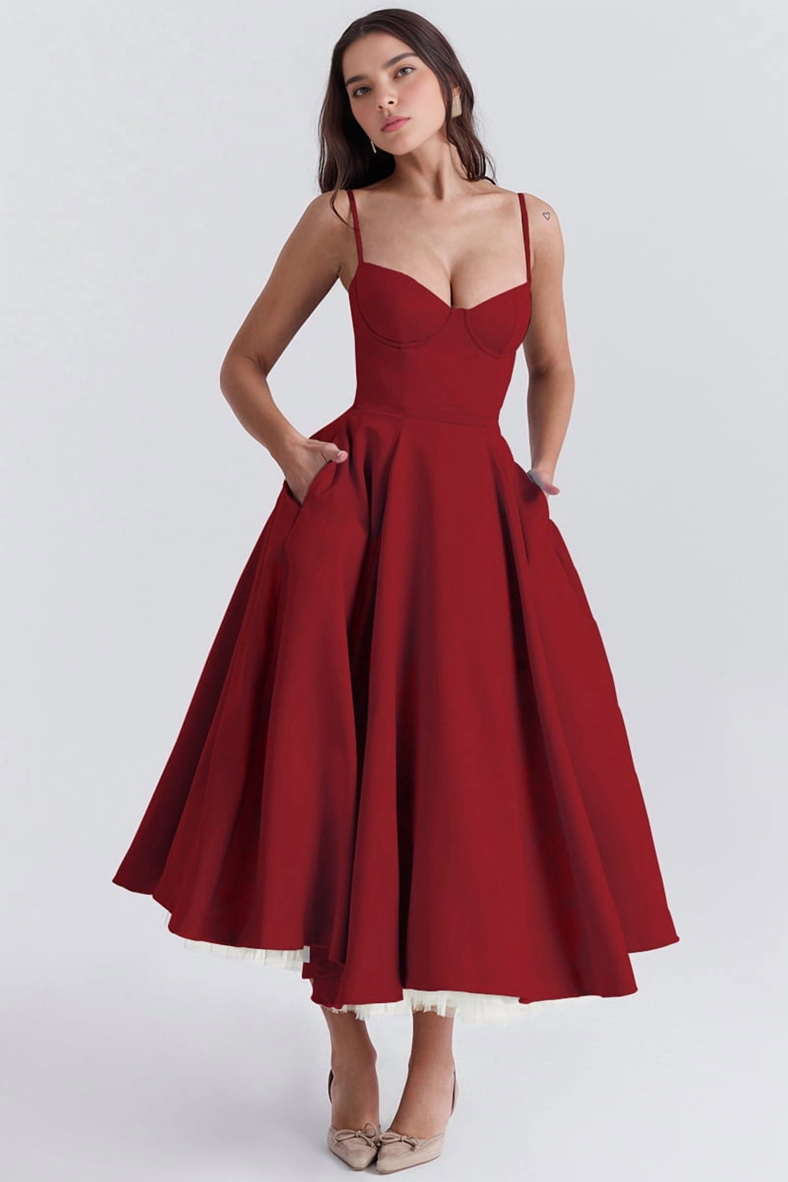 Wedding Guest Dresses for Women Spaghetti Straps Corset Homecoming Floral Lace Maxi Prom Dresses Red L