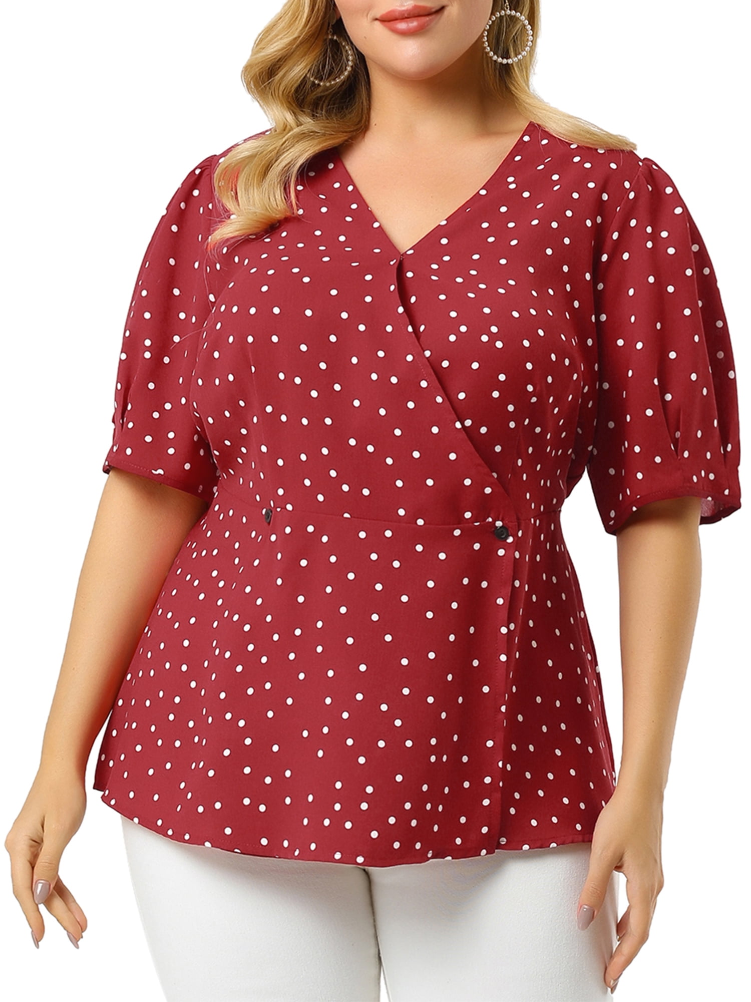 Unique Bargains - Women's Plus Size Polka Dots V Neck Short Sleeve Wrap Peplum Top - Walmart.com 