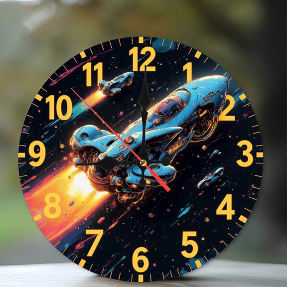Spaceship Clock Futuristic Wall Clock SciFi Art Decor 10-Inch Silent Wooden Wall Clock, Battery Operated (AA Batteries Not Included), Artistic Home Decor