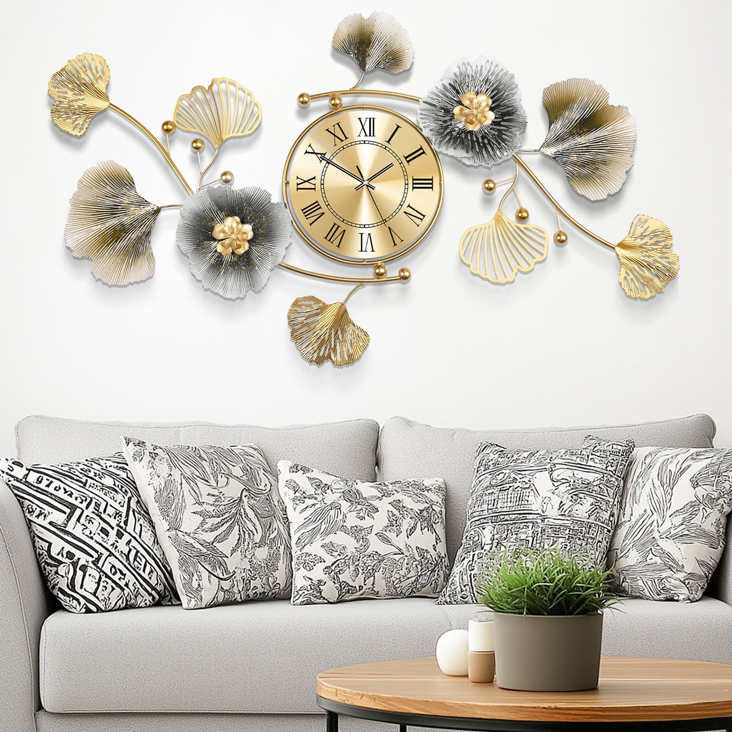 36"Large Wall Clock – 3D Metal Ginkgo Leaf Decorative Wall Clock, Non-Ticking Wall Clocks Battery Operated, Modern Clocks for Living Room, Gift-Ready for Home or Office