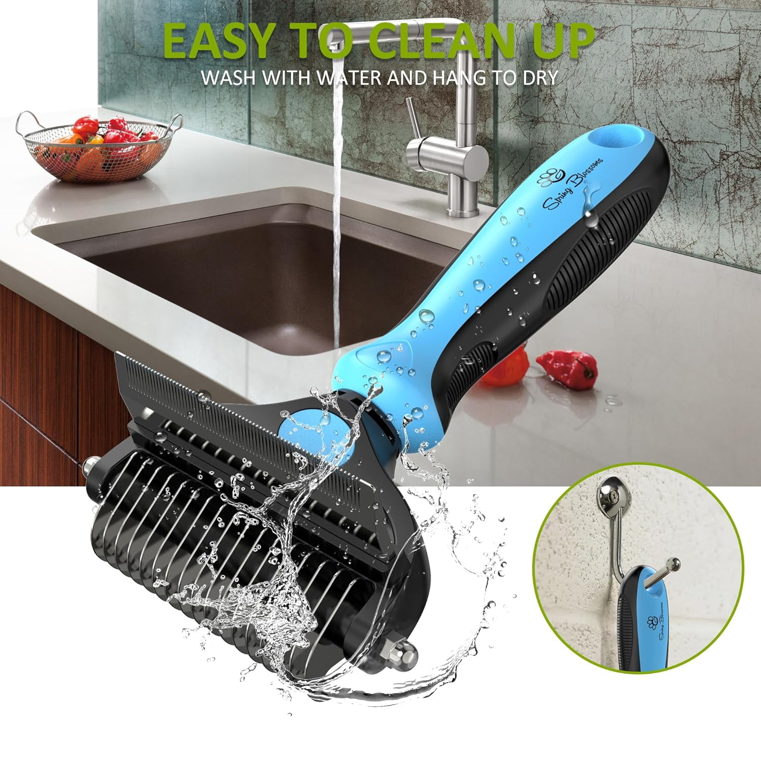 Spring Blossoms 2 in 1 Professional Grooming Rake for Cats & Dogs-Dematting Comb for Easy Mats & Tangles Removing,Hair Removal Cleaner for Pets(Blue)