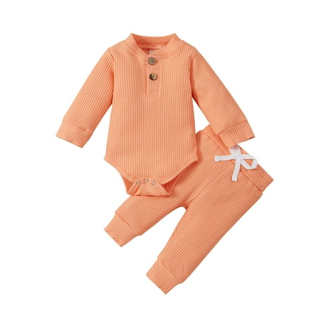 

Gwiyeopda Newborn Baby Boy Girl Clothes Ribbed Knitted Cotton Long Sleeve Romper Long Pants 0-24 Months
