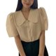 thumbnail image 5 of Camisa con botones para mujer, cuello de muñeca, manga corta abombada, transpirable, Color puro, camisa de oficina para fiesta, oficina y escuela, 5 of 8