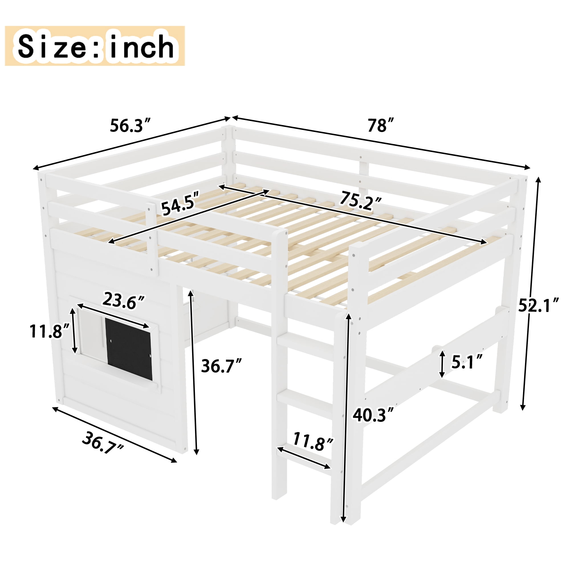 Leumius Full Size Loft Bed with Storage Shelves,Solid Wood Low Loft Bed Frame with Chalkboard and Bookshelf,Space Saving,White