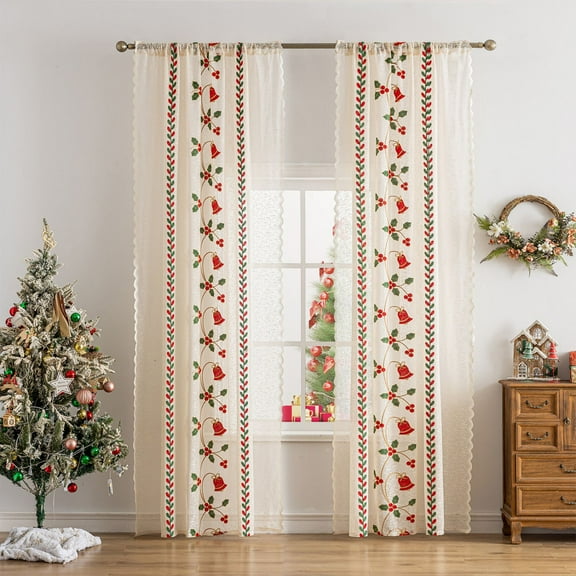 2 Panels Modern Christmas Sheer Curtains, Bells Santa Claus Print, Rod Pocket Window Drapes for Living Room and Dining Room, Washable Polyester Voile, Decorative Transparent Curtain Panels