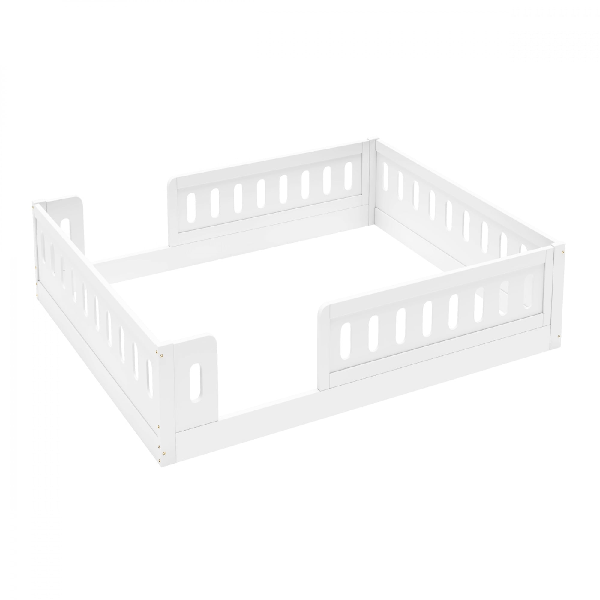Wood Full Size Platform Bed with Guardrail for Kids Bedroom, No Box Spring Needed,White