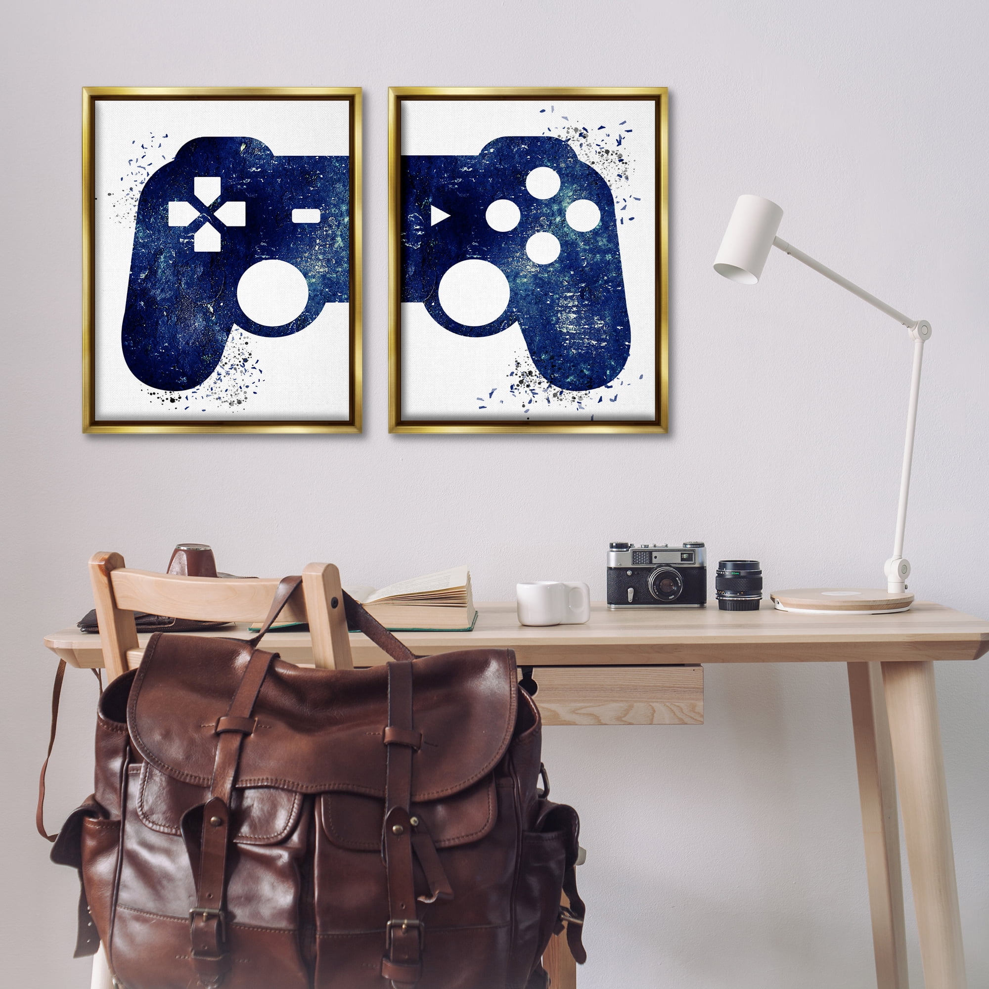 Stupell Industries Blue Controller Modern Speckles Entertainment Painting Gold Floater Framed Canvas Art Print Wall Art, 31 x 25, Set of 2