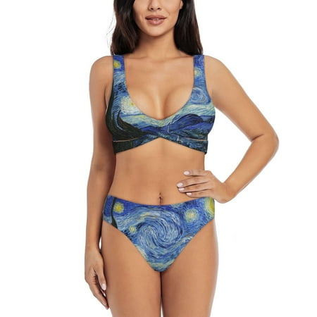 Zeuib The Starry Night High Waisted Tummy Control Bikini Set - Knot Front Push Up Top & Cheeky Thong Bottom  Two-Piece Swimsuit for Women-Small