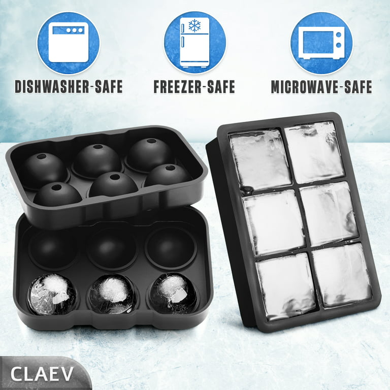 Set of 2 Ice Cube Mold Trays Silicone Sphere Whiskey Ice Ball & Large Square Ice Cube Molds for Cocktails Reusable & BPA Free by Claev, Black