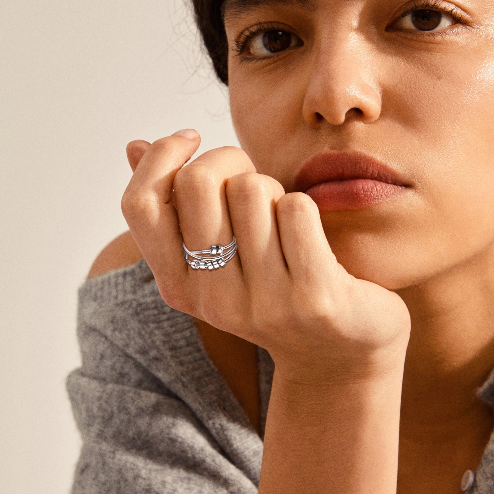 ChicSilver Ring for Women Adjustable Sterling Silver Fidget Anxiety Ring with Rotatable Polished Beads for Stress Relief