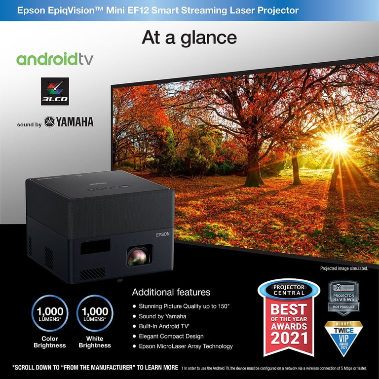 Epson EpiqVision Mini EF12 Smart Streaming Laser Projector, 150