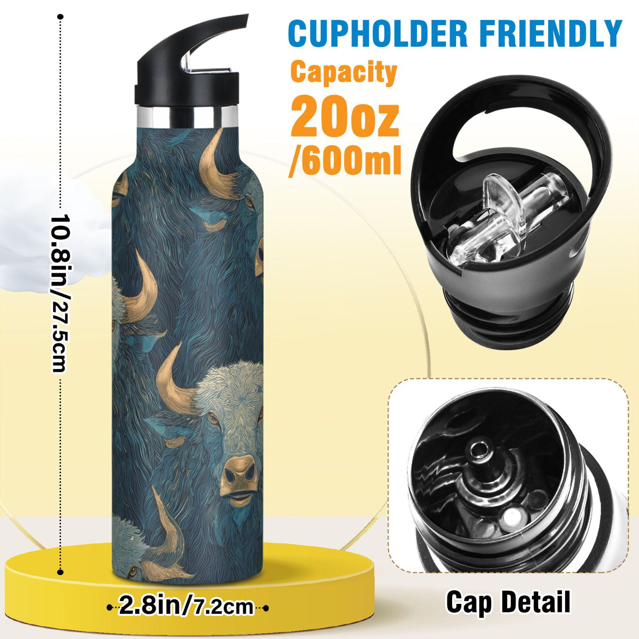 600ML Stainless Steel Insulated Cup Sports Water Bottle Portable Thermos Cup Water Glasses Insulated Tumblers Convenient and Durable Blue Bull Seamless