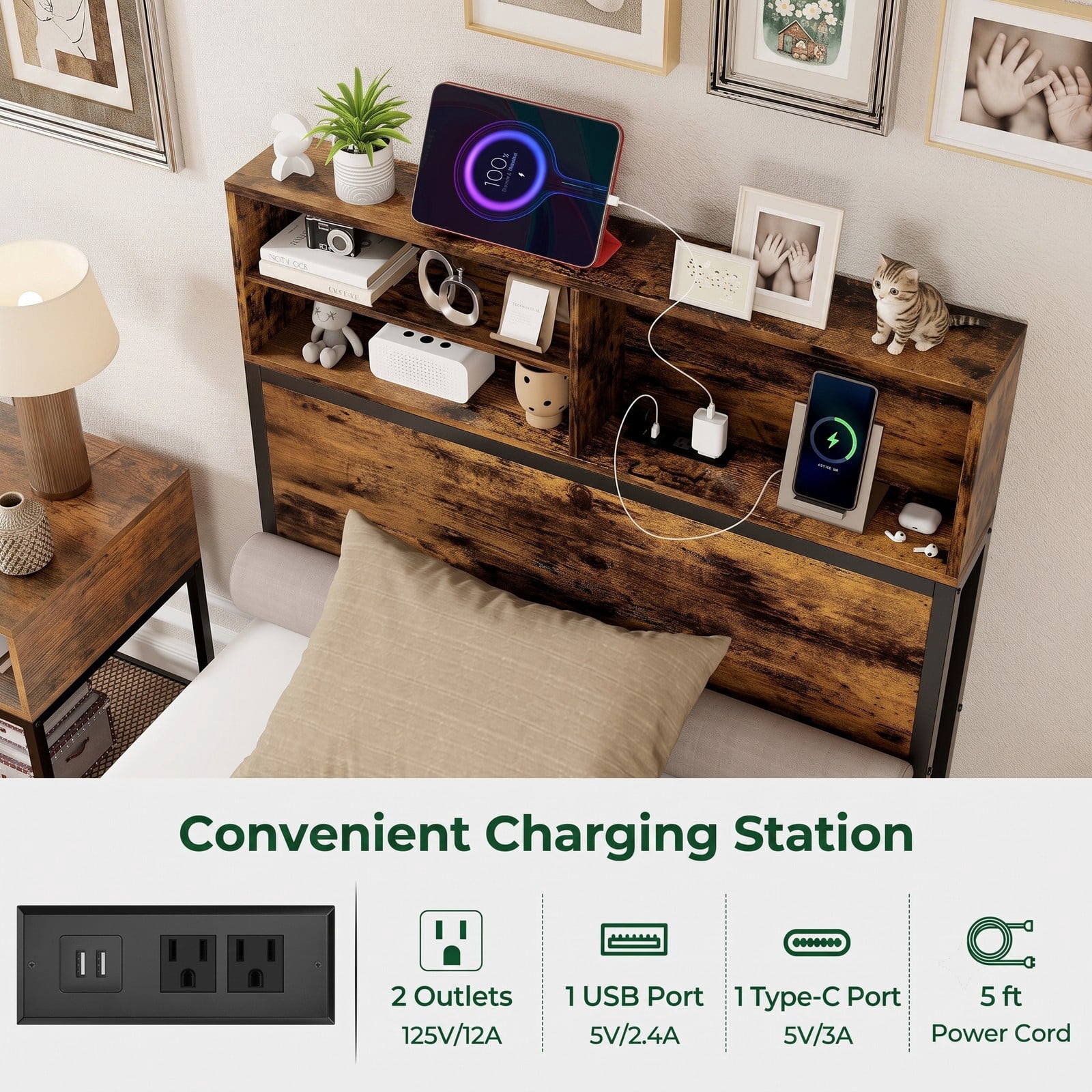 Furnibear Queen Bed Frame with Storage Headboard, Industrial Metal Platform Bed Frame with Charging Station and USB Ports, No Box Spring, Rustic Brown