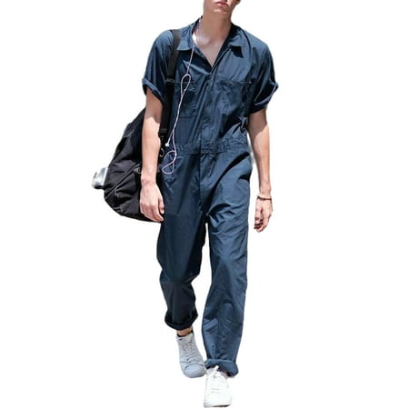 

Men s Summer Hawaiian Romper Zipper One-Piece Playsuit Short Sleeve Cotton Linen Loose Jumpsuit with Pockets