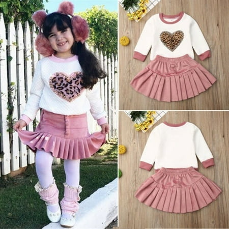 2pcs Toddler Kids Girls Cute Leopard Heart T Shirt Top Party Tutu