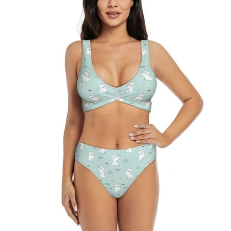 Zeuib Playing Rabbit High Waisted Tummy Control Bikini Set - Knot Front Push Up Top & Cheeky Thong Bottom  Two-Piece Swimsuit for Women-Large