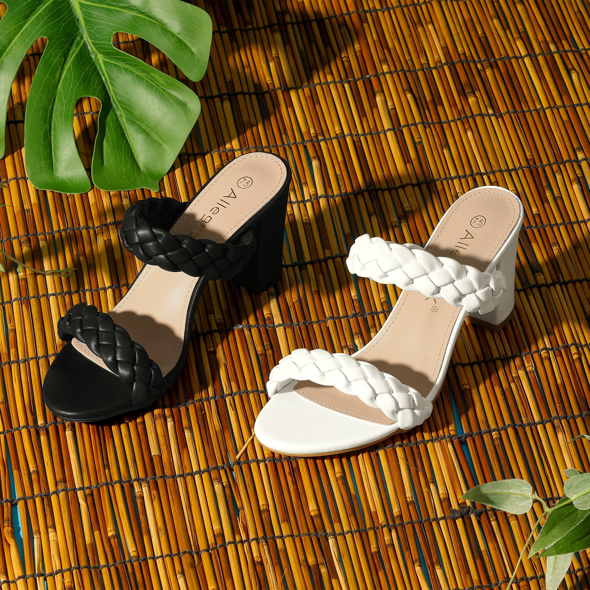 DARING DIVA Women's Braided Heeleds Slip on Chunky Heel Slides Sandals Black 6.5