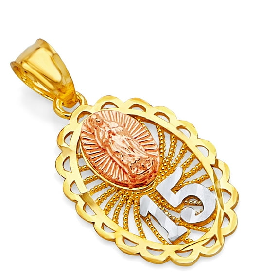 Wellingsale 14K Tri 3 Color Gold Polished Diamond Cut Ornate Sweet 15 Our Lady of Guadalupe Charm Pendant