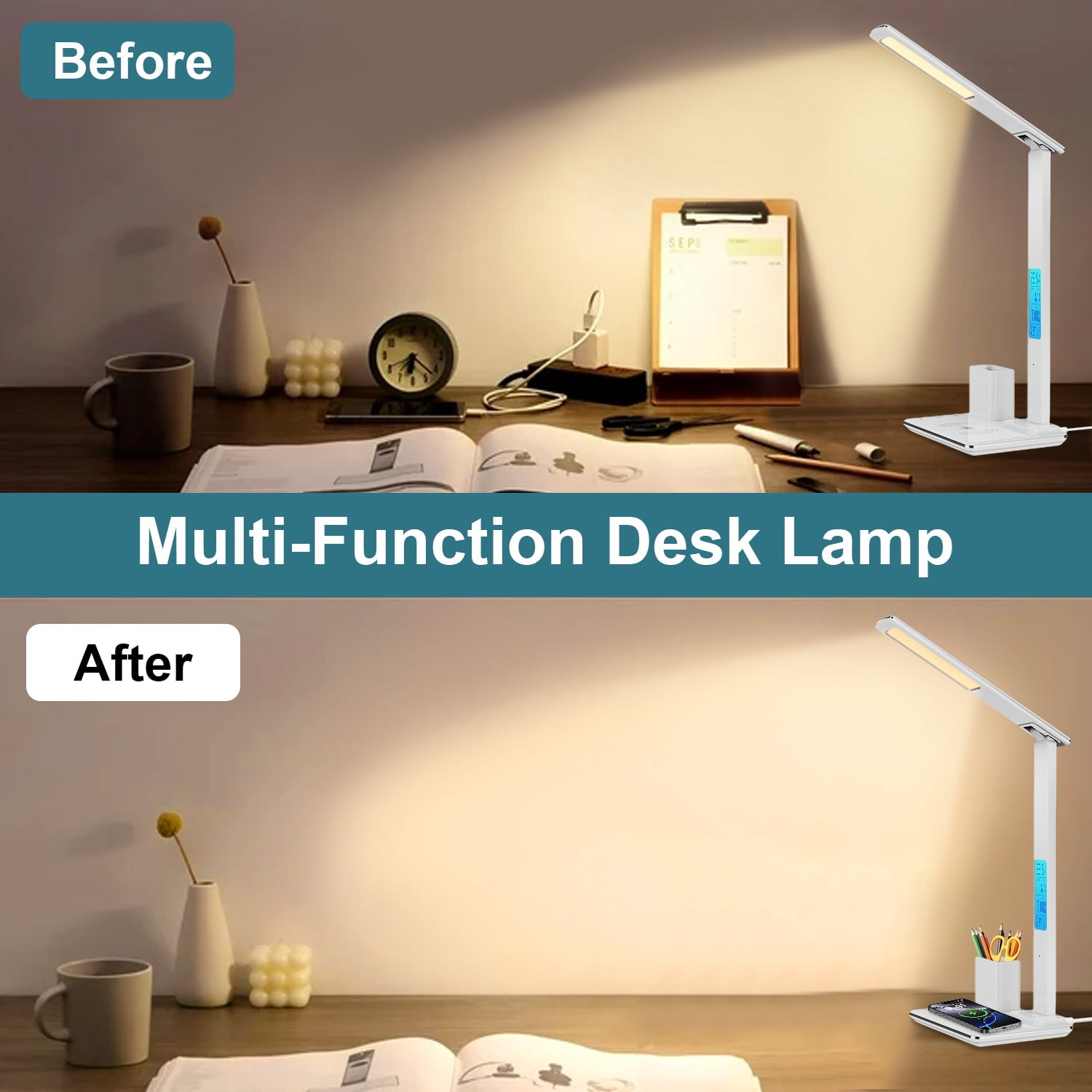 Desk Lamp, LED Desk Lamps for Home Office, Wireless Charger Touch Table Lamp with Pen Holder, Dimmable Office Desk Light with Clock, Alarm, Date, Temp, Foldable Lamp for Table Bedroom Office, White