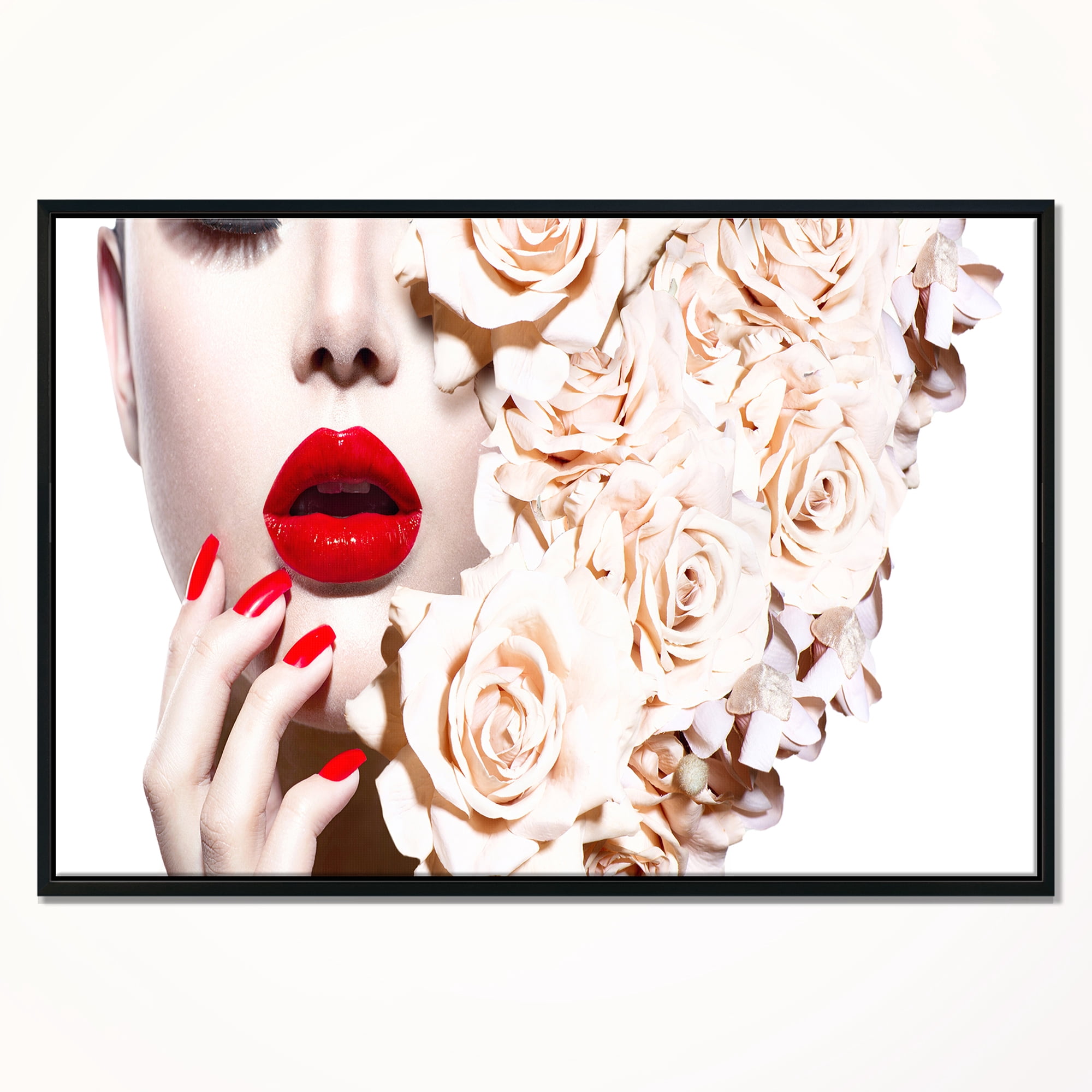 Designart ' Fashion Sexy Woman with Flowers ' Sensual Framed Canvas Art Print