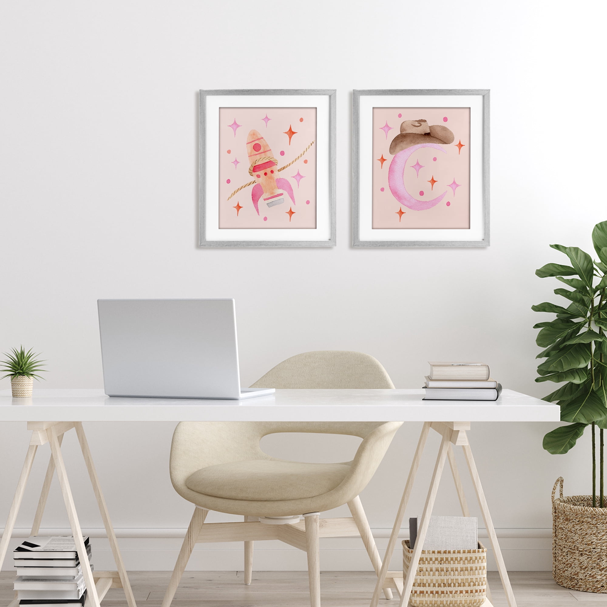 Space Cowgirl Rocket Ship 2 Piece Gray Framed Print Under Glass Set, design by Nina Jacobs