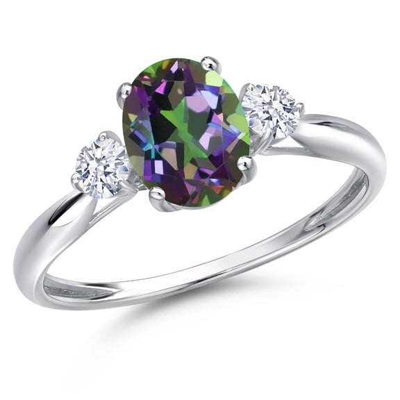 Gem Stone King 10K White Gold Green Mystic Topaz and White Zirconia 3-Stone Ring for Women | 1.80 Cttw | Oval 8X6MM | Gemstone November Birthstone | Size 8
