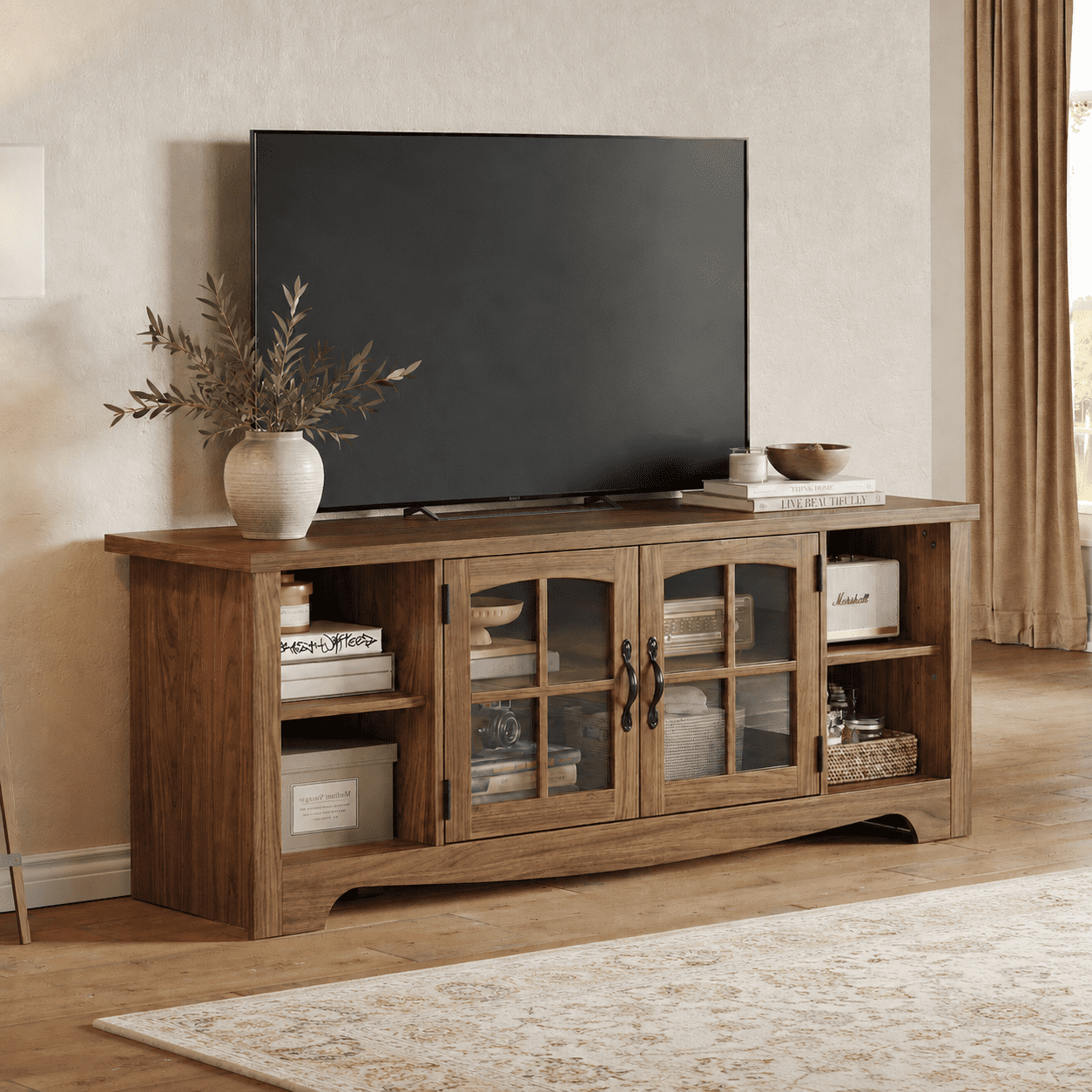 LINSY HOME Modern Farmhouse TV Stand for TVs up to 65",Home Entertainment Center with Storage Cabinet and Adjustable Shelves,Walnut