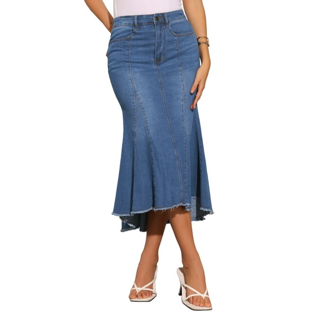 Falda midi casual de mujer de mezclilla desgastada con cola de pez, cintura alta, dobladillo sin terminar y bolsillos, talla M, azul medio