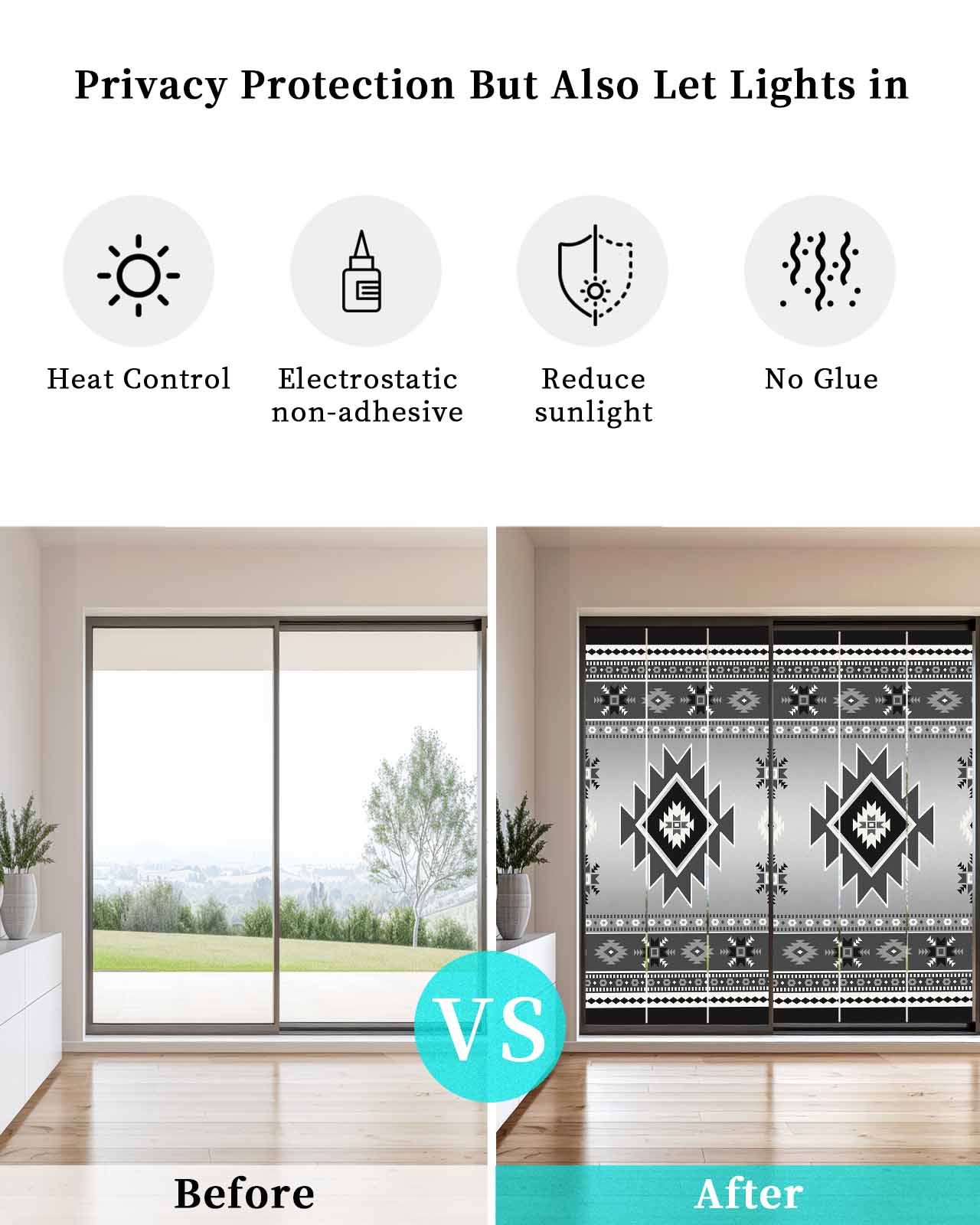 Window Privacy Film Gray Aztec Stained Glass Window Film Decorative Sun Block Window Cover Bohemian Southwest Country Ethnic Art Window Clings Static Adhesive Sticker for Bathroom 17.7"x39.3"