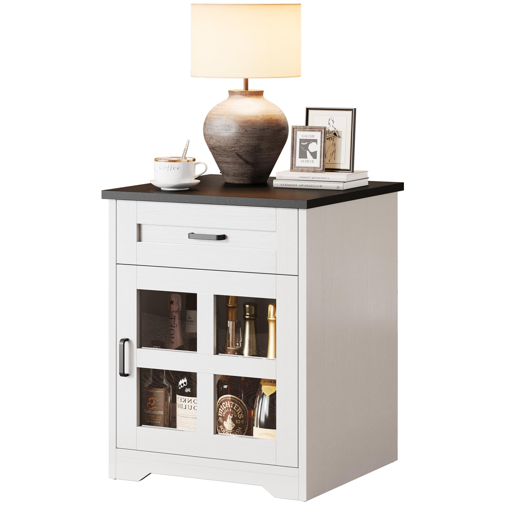 Vividwood Farmhouse End Table with Drawer and Storage Cabinet, 18" Large Side Table Nightstand with Acrylic Door for Living Room, White