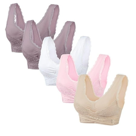 ATOYSOY Wireless Bra for Women 5 Pack  Thin Lightly Lace Splicing Everyday Bra Multi Pack Ruched Athletic Tank Tops Bralette Underwear Push Up Workout Bra Clearance White XL
