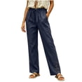 thumbnail image 2 of hoksml Women Drawstring Elastic Waist Straight Cotton Pants Eyelet Embroidery Cutout Ankle Loose Trousers for Daily Wear, 2 of 6