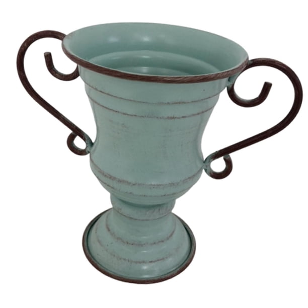 Maceta de hierro creativa con forma de trofeo retro, contenedor decorativo de metal para plantas. Azul
