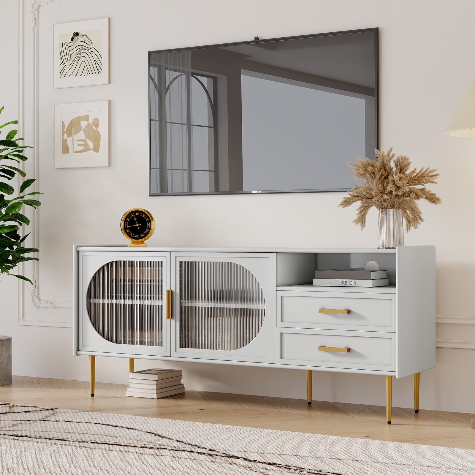 HLR Modern 60” TV Stand for 65-inch TVs with Glass Door & Drawers, Entertainment Center with Storage, Living Room, White