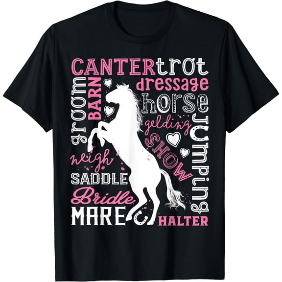 Horse Typography Word Art Equestrian Girls Horseback Riding T-Shirt Black Small