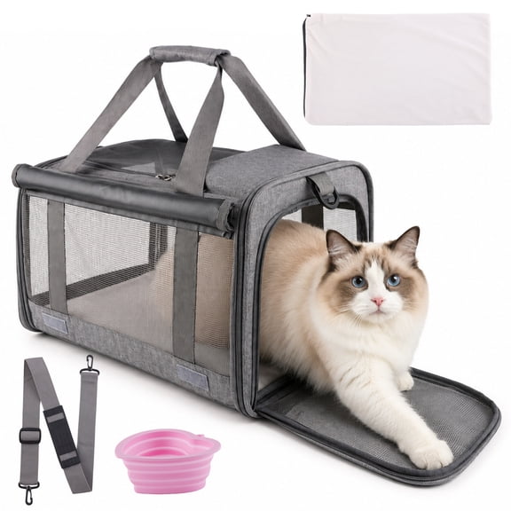 Fatato Cat Carrier for Cats and Dogs up to 15lbs, Soft-Sided Breathable Pet Travel Carrier with Foldable Bowl, Pet Carrier with Washable Cushion and Adjustable Shoulder Strap