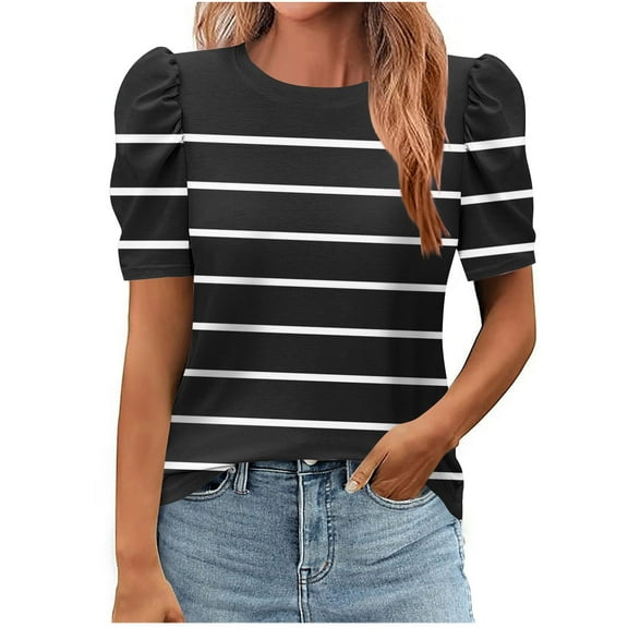 Zpanxa Womens Summer Tops, Women's Print Round Neck Short Sleeve T-Shirt Loose Top Black L