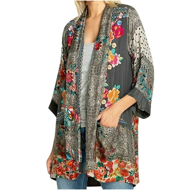 Cárdigan de mujer, cárdigan frontal abierto, nuevo cárdigan con estampado de flores para mujer, chaqueta con bolsillo, Top para mujer Odeerbi ODB-2