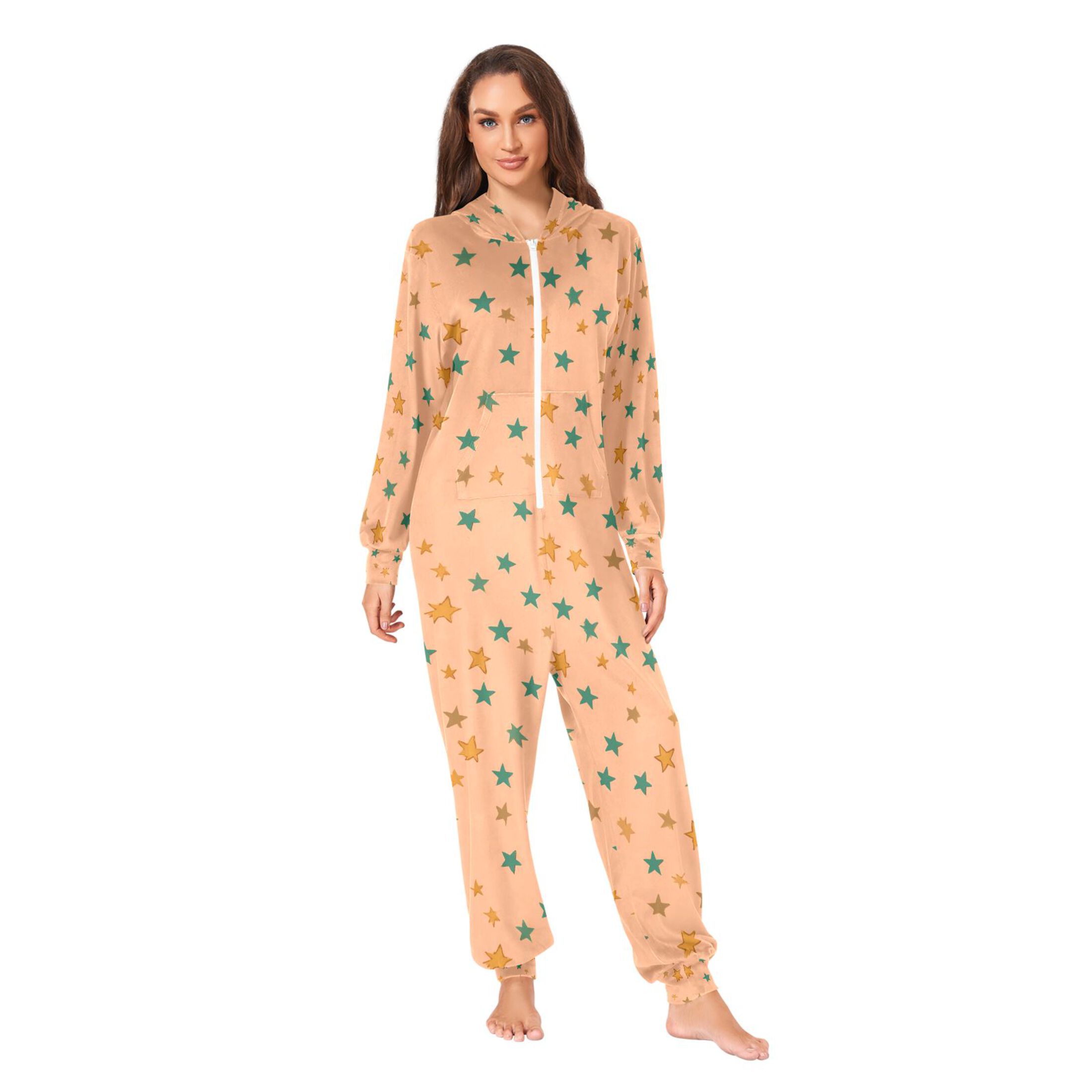 Adult Christmas Onesie Orange Stars Adult Zipper One-Piece Pajamas Unisex Pajamas with Pockets
