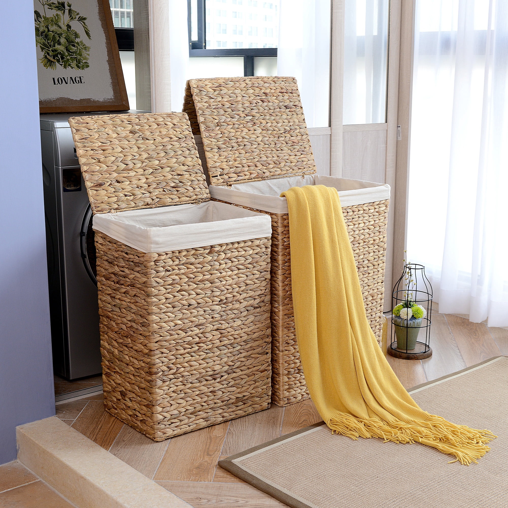 Villacera Set of 2 Handmade Water Hyacinth Wicker Laundry Hampers with Lids (Natural)