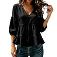 thumbnail image 2 of ClodeEU Women's V Neck Puff 3/4 Sleeve Tiered Ruffle Peplum Blouse,Loose Solid Babydoll Casual Top Black,Women's Plus L, 2 of 6