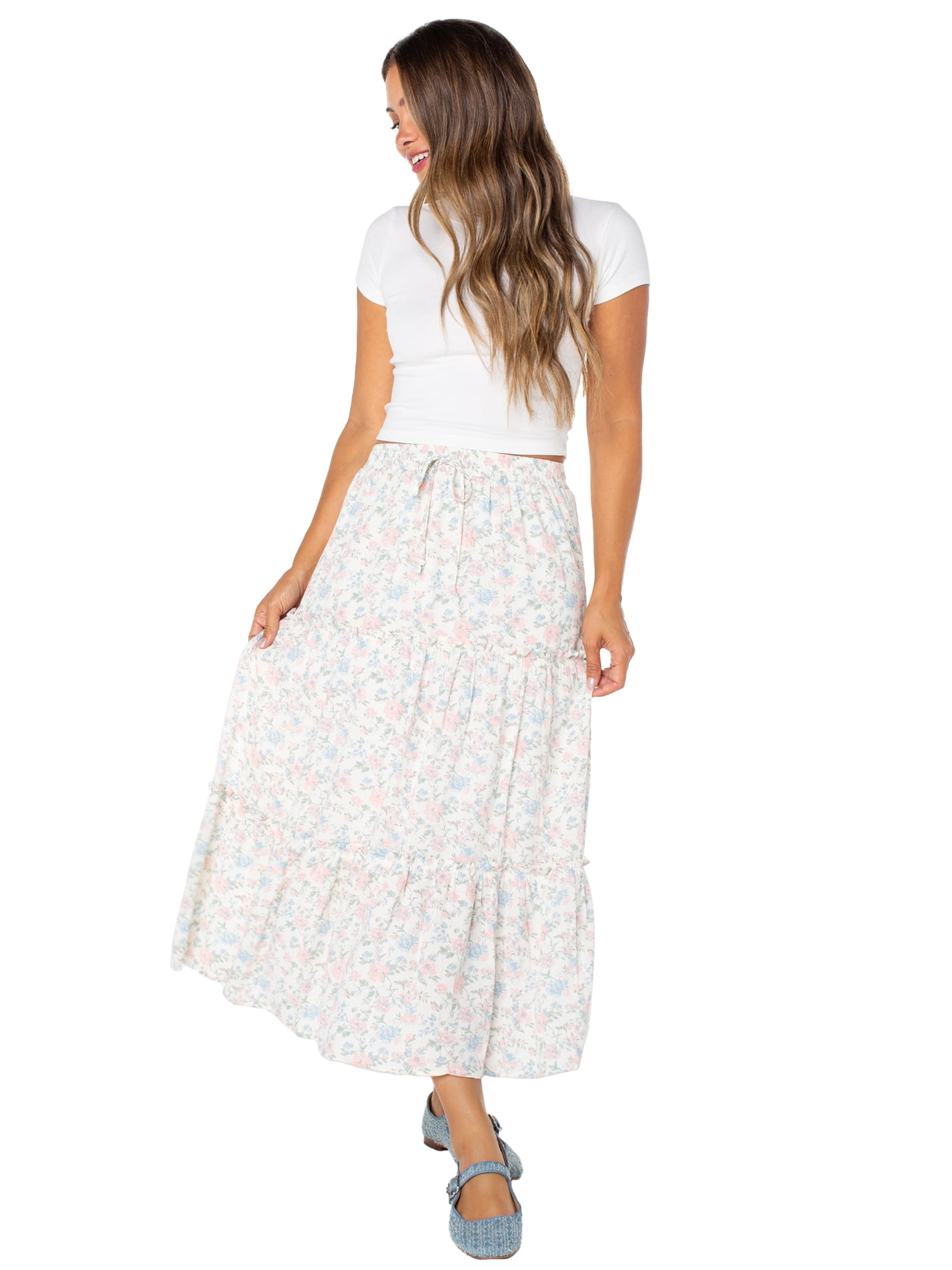 Celebrity Pink Women's and Women's Plus Floral Print Tiered Maxi Skirt, Sizes XS-4X