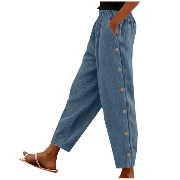 Corduroy Pants for Women, Elastic Waist Wide Leg Casual Trousers with Side Button, Solid Color Comfy Long Pants